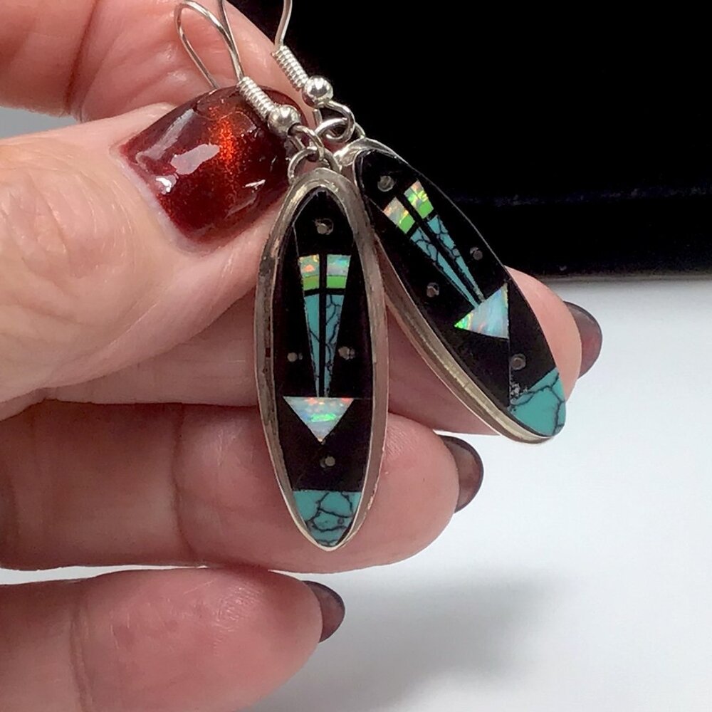 Sterling Silver Native American Multi Stone Inlay Earrings 2” - Picture 5 of 11